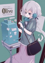 1girl bag blue_eyes commentary_request corded_phone cradling_phone female_focus frills handbag haya_bs highres konno_junko long_hair long_skirt low_twintails payphone phone phone_booth pink_skirt puffy_short_sleeves puffy_sleeves short_eyebrows short_sleeves skirt solo sticker talking_on_phone twintails white_hair zombie_land_saga