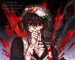 1boy apron arm_up beret black_eyes black_hair black_shirt blood blood_on_face blood_splatter collarbone crazy_eyes crossed_bangs fake_blood gradient_background grin hand_on_own_face hat hc7_s2 highres limbus_company looking_at_viewer male_focus paintbrush project_moon ring_(identity)_(project_moon) shirt short_hair smile solo teardrop wide-eyed yi_sang_(project_moon)