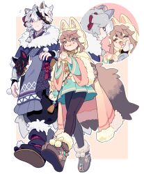 2boys :3 :q absurdres animal_ear_hood animal_ears aqua_skirt black_leggings black_pants boots border borrowed_character braid braided_ponytail brown_boots brown_hair brown_tail cape coat commission crossdressing crossdressing_(ftm) double-parted_bangs eating fake_animal_ears fox_boy fur-trimmed_boots fur-trimmed_coat fur_trim gradient_coat grey_hair grey_tail hands_up henpenkene highres hood hood_up implied_yaoi kitsune leggings looking_at_another male_focus mask mask_on_head meandros meandros_trim miniskirt multicolored_coat multiple_boys multiple_tails multiple_views original pants pink_background pink_cape pink_trim pleated_skirt pom_pom_(clothes) red_eyes side-by-side skirt tail tongue tongue_out trap two-tone_coat walking white_border wide_sleeves wolf_boy wolf_mask yellow_coat yellow_hood