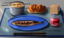 artist_name bowl bread chopsticks commission commissioner_name commissioner_upload cube cup danbooru_(site) derivative_work drink drinking_glass english_text fine_9725 fish food food_focus glass highres loaf_of_bread meme no_humans non-web_source original placemat plate signature skeb_commission soup still_life