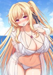 1girl bikini blonde_hair blue_sky blush braid breasts cleavage closed_mouth cloud coat collarbone commentary_request curvy day gem gluteal_fold hair_ribbon highres horizon large_breasts long_hair looking_at_viewer millicent_fried_leonhardt navel ocean outdoors purple_eyes red_gemstone ribbon ryakusun see-through_clothes see-through_coat sidelocks sky smile solo swimsuit unravel_trigger very_long_hair white_bikini white_coat wide_hips