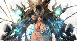1girl 1other absurdres aruhi_(pyxk7325) black_hair bra breasts chain claws cropped_legs dragon garter_belt garter_straps glowing glowing_eye glowing_mouth highres large_breasts lingerie mouth_beam multiple_heads nipple_slip nipples open_mouth original outer_glow sharp_teeth strapless strapless_bra teeth tongue tongue_out underwear western_dragon white_background
