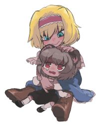 2girls alice_margatroid animal_ears black_dress black_footwear blonde_hair blue_dress blue_eyes boots brown_footwear capelet closed_mouth commentary_request cookie_(touhou) dress frilled_hairband frills full_body grey_hair haburashi hairband hand_on_another&#039;s_head highres ichigo_(cookie) long_sleeves looking_at_another mouse_ears mouse_girl multiple_girls nazrin nyon_(cookie) open_mouth pink_hairband red_eyes shirt shoes short_hair simple_background sitting smile socks touhou transparent_background white_capelet white_shirt white_socks