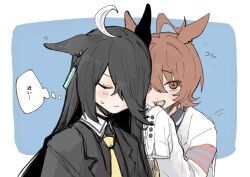 2girls agnes_tachyon_(umamusume) ahoge animal_ears black_choker black_coat black_shirt blush choker closed_eyes closed_mouth coat collared_shirt crossed_bangs ear_tag earrings emphasis_lines flustered hair_between_eyes hair_over_one_eye horse_ears horse_girl jewelry long_hair long_sleeves manhattan_cafe_(umamusume) medium_hair motion_lines multiple_girls necktie nervous_sweating ohagi_0909 open_clothes open_coat open_mouth parted_lips revision shirt single_earring sleeves_past_fingers sleeves_past_wrists smile speech_bubble sweat translation_request umamusume white_coat yellow_necktie yuri