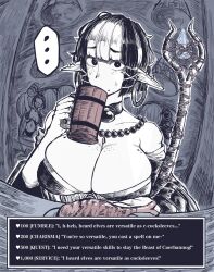bead_necklace beads breasts cleavage colored_inner_hair cup ear_piercing earrings elf english_text food gameplay_mechanics gekikara_(tomboy-sama) highres holding holding_staff hoop_earrings jewelry large_breasts long_pointy_ears looking_at_viewer mage_staff meat mug multicolored_hair multiple_girls necklace original piercing pointy_ears staff tankard tavern two-tone_hair wooden_cup