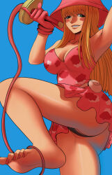 1girl ass barefoot black_panties blonde_hair blue_background blush breasts cleavage coolb_art dress feet green_eyes highres kujaku_(one_piece) large_breasts legs nail_polish one_piece pale_skin panties pink_dress pouch smile soles thighs underwear whip