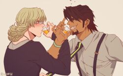 Rule 34 | 2boys, alcohol, barnaby brooks jr., black shirt, blonde hair, blush, brown eyes, brown hair, closed mouth, collared shirt, commentary, cup, dark-skinned male, dark skin, drinking, drinking glass, facial hair, fingernails, glasses, goatee, grin, highres, holding, holding cup, kaburagi t. kotetsu, locked arms, long sleeves, male focus, multiple boys, necktie, profile, scotch whisky, shirt, shot glass, sideburns, sleeves past wrists, smile, striped necktie, suspenders, teeth, tiger &amp; bunny, twitter username, upper body, vidrith, white shirt, wing collar