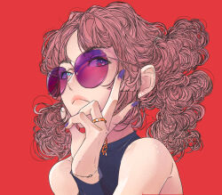 Rule 34 | 1girl, bare shoulders, black shirt, black sleeves, blue eyes, bracelet, bright pupils, chain, closed mouth, commentary, detached sleeves, earrings, elliemaplefox, english commentary, gradient eyes, hair ornament, hair scrunchie, hand on own face, highres, jewelry, lips, long hair, looking to the side, multicolored eyes, necklace, off shoulder, original, pink eyes, pink hair, portrait, purple-tinted eyewear, purple nails, red background, ring, round eyewear, scrunchie, shirt, simple background, solo, stud earrings, sunglasses, tinted eyewear, twintails, white pupils