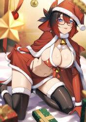 1girl :p bell bikini black_hair black_thighhighs blue_eyes box breasts catyla_(bird8700) cloak cluseller fur-trimmed_cloak fur-trimmed_headwear fur-trimmed_legwear fur_trim gift gift_box glasses hair_between_eyes hat highleg highleg_panties highres kneeling large_breasts looking_at_viewer multicolored_hair navel neck_bell original panties red-framed_eyewear red_hair red_panties santa_bikini santa_costume santa_hat solo swimsuit thighhighs tongue tongue_out two-tone_hair underwear