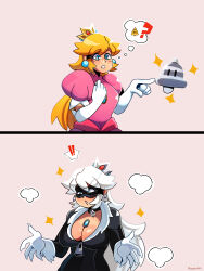 ! !! 1girl ? absurdres bell black_cat_(marvel) blonde_hair blue_eyes breasts claws cleavage cosplay crossover detached_sleeves earrings female_focus gloves highres jacket jewelry large_breasts leather leather_jacket mario_(series) marvel mask nintendo princess_peach spider-man_(series) super_bell super_mario_bros._1 thegreyzen transformation white_gloves white_hair zipper