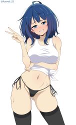 1girl absurdres ahoge arm_under_breasts black_panties black_thighhighs blue_eyes blue_hair breasts collarbone cowboy_shot grin highres large_breasts make_heroine_ga_oo_sugiru! medium_hair navel panties roswell_ss side-tie_panties simple_background smile solo standing stomach sweat tank_top thighhighs thighs underwear v white_background white_tank_top yanami_anna