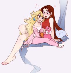 1other 2girls absurdres alternate_costume animal baby_yoshi bare_shoulders blonde_hair blue_eyes blush breasts brown_hair clothes_lift crown curtains donkey_kong_(1981_game) donkey_kong_(series) eyeshadow feet heart_(symbol) highres legs lips lipstick long_hair looking_away looking_down makeup mario_(series) medium_breasts multiple_girls nail_polish nails new_super_mario_bros._u nintendo pajamas pauline_(mario) pillow pink_yoshi princess_peach red_nails ribbon shirt shirt_lift skirtzzz socks toenail_polish toenails yoshi yuri