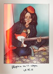 1girl aged_down andrew_y bags_under_eyes band_(music) barefoot black_hair black_jacket border character_name character_signature corner dated denim embarrassed english_text eyewear_on_head fake_photograph fez_hat floor full_body glasses guitar hair_around_ear highres hirasawa_yui holding holding_guitar holding_instrument indoors instrument jacket jeans k-on! long_sleeves looking_at_viewer messy_hair music nakano_azusa on_floor open_clothes open_jacket original pants playing_guitar playing_instrument polaroid_photo realistic reflective_surface semi-rimless_eyewear shefika_(usergore) shy signature solo tile_floor tiles translated ukrainian_text under-rim_eyewear white_border