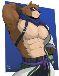 1boy abs animal_ears arm_behind_head artist_name bara claws closed_mouth commentary cross_scar endokhayam english_commentary fortnite furry furry_male hajime_(fortnite) highres male_focus muscular muscular_male navel pectorals purple_scarf raccoon_boy raccoon_ears scar scar_across_eye scar_on_face scarf