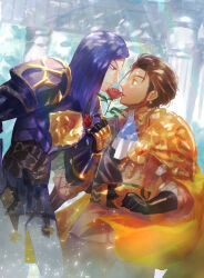 Rule 34 | 2boys, absurdres, armor, ascot, black gloves, claude von riegan, claude von riegan (timeskip), closed mouth, earrings, feet out of frame, fire emblem, fire emblem: three houses, flower, from side, gloves, green eyes, highres, jewelry, kojijima, long sideburns, lorenz hellman gloucester, lorenz hellman gloucester (timeskip), male focus, multiple boys, nintendo, open mouth, purple hair, red flower, red rose, rose, sideburns, white ascot, yaoi