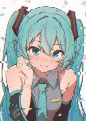 1girl amayomiyu aqua_eyes aqua_hair aqua_necktie bare_shoulders black_sleeves blush chromatic_aberration commentary detached_sleeves film_grain glitch grey_shirt hair_intakes hair_ornament hatsune_miku leaning_forward long_hair looking_at_viewer necktie shirt shoulder_tattoo sleeveless sleeveless_shirt smile solo tattoo triangle tucking_hair twintails twitter_username upper_body variant_set vocaloid white_background