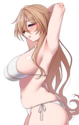 1girl :o absurdres armpits arms_behind_head bikini breasts brown_hair highres konoe_kanata large_breasts long_hair love_live! love_live!_nijigasaki_high_school_idol_club nasuno_(nasuno42) navel open_mouth purple_eyes side-tie_bikini_bottom simple_background solo swimsuit white_background white_bikini