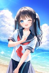 1girl ;d beach black_hair blue_eyes blue_sailor_collar blue_skirt blue_sky blush cloud collarbone commentary_request cowboy_shot day hair_ribbon hand_up highres long_hair looking_at_viewer neckerchief ocean one_eye_closed open_mouth original outdoors pleated_skirt red_neckerchief ribbon sailor_collar school_uniform serafuku shirt short_sleeves skirt sky smile solo two_side_up v wabi_chazuke white_ribbon white_shirt