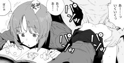 1boy 1girl ass clothed_female_nude_male clothes_lift commentary_request doggystyle girls_und_panzer greyscale henyaan_(oreizm) hetero highres long_sleeves monochrome multiple_views nishizumi_miho nude sex sex_from_behind short_hair skirt skirt_lift speech_bubble translation_request