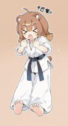 Rule 34 | &gt; &lt;, 1girl, absurdres, ahoge, animal ears, arms up, barefoot, bear ears, bear girl, belt, black belt, brown hair, chinese commentary, clenched hand, commentary request, dougi, full body, gradient background, highres, kuma-bound, low twintails, martial arts belt, original, outline, pants, short twintails, soles, solo, toes, twintails, white outline, white pants