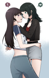 Rule 34 | !, 2girls, absurdres, aqua eyes, bang dream!, bang dream! it&#039;s mygo!!!!!, black hair, black jacket, blue background, blue pants, blush, brown hair, chinese commentary, closed mouth, commentary request, gradient background, grey skirt, hand in another&#039;s hair, hand on another&#039;s neck, hand under clothes, hand under shirt, heart, highres, jacket, long hair, multiple girls, pants, parted lips, purple eyes, rankaku, red shirt, shiina taki, shirt, skirt, smile, spoken exclamation mark, spoken heart, white background, white shirt, yahata umiri, yuri