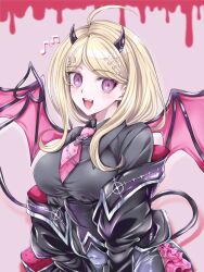 1girl :d akamatsu_kaede alternate_costume black_jacket black_shirt breasts danganronpa_(series) danganronpa_v3:_killing_harmony demon_girl demon_horns demon_wings fang fortissimo hair_ornament highres horns jacket large_breasts long_sleeves moon_(moon0771110) musical_note musical_note_hair_ornament necktie open_clothes open_jacket open_mouth pink_eyes pink_necktie shirt short_necktie smile solo wings