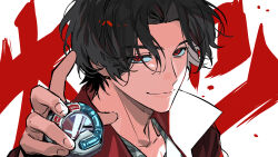 Rule 34 | bakuage sentai boonboomger, black hair, boonboom changer, hando taiya, highres, holding, keita kg85, male focus, red eyes, short hair, simple background, smile, super sentai, tokusatsu