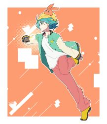 Rule 34 | 1girl, absurdres, beanie, border, closed mouth, commentary request, floating clothes, floating hair, glowing, green eyes, green jacket, hand up, hat, highres, jacket, leg up, manimani (mani ma), monogatari (series), nademonogatari, ononoki yotsugi, open clothes, open jacket, orange background, orange hat, pants, pink pants, profile, shirt, shoes, short eyebrows, short hair, solo, standing, standing on one leg, thick eyebrows, white border, white shirt, yellow hat, yellow shoes