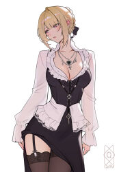 1girl absurdres alternate_costume artist_logo black_dress black_thighhighs blush breasts cleavage collarbone commentary cowboy_shot cross cross_necklace dress earrings evelyn_chevalier heart heart_necklace highres jewelry lace lace-trimmed_thighhighs lace_trim large_breasts logo long_dress long_sleeves looking_to_the_side mole mole_under_eye necklace parted_lips purple_eyes quilm ring_hair_ornament short_hair sidelocks simple_background solo thighhighs thighs white_background zenless_zone_zero