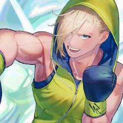 1boy bare_shoulders blonde_hair blue_eyes blue_shirt boxing_gloves ed_(street_fighter) highres hood hood_up iyomichi143 male_focus official_alternate_color official_alternate_costume open_mouth outstretched_arm shirt short_sideburns sleeveless solo street_fighter street_fighter_6 teeth toned toned_male tongue two-sided_hoodie upper_body zipper zipper_pull_tab