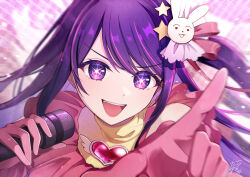 +_+ 1girl blurry blurry_background bow commentary_request dress gloves hair_bow hair_ornament hair_ribbon heart highres holding holding_microphone hoshino_ai idol long_hair looking_at_viewer microphone motion_blur multicolored_dress open_mouth oshi_no_ko pink_bow pink_dress pink_gloves pink_ribbon pointing pointing_at_viewer purple_eyes purple_hair rabbit_hair_ornament ribbon solo star_(symbol) star_hair_ornament tarayuki upper_body yellow_dress
