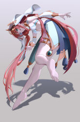 Rule 34 | 1girl, absurdres, aqua eyes, barefoot, bent over, blue nails, blue skirt, breasts, closed mouth, commentary, fake horns, full body, genshin impact, grey background, harem outfit, highres, horns, jewelry, long hair, looking at viewer, low twintails, medium breasts, midriff, navel, nilou (genshin impact), red hair, sasa (sasa ekakiman), shadow, skirt, smile, solo, thighlet, twintails, veil, very long hair, white veil