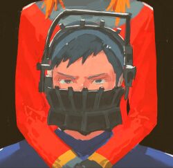 Rule 34 | 1boy, 1girl, allyouneedisuwu, arms around neck, behind another, black background, black eyes, black hair, blue shirt, check spoilers, chinese commentary, commentary request, diana (kyokugen dasshutsu), glaring, head out of frame, highres, kyokugen dasshutsu, long sleeves, looking at viewer, medium hair, orange hair, parody, portrait, red sweater, saw (movie), shirt, short hair, sigma (kyokugen dasshutsu), simple background, spoilers, straight-on, sweater, very short hair, zero escape: toki no dilemma