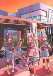 4girls absurdres animal_ear_hairband animal_ears assault_rifle beads black_boots black_gloves black_hair black_pantyhose blonde_hair blue_archive blue_eyes blue_jacket blue_sailor_collar blue_skirt blue_sweater blunt_bangs boots bulletproof_vest closed_mouth combat_helmet fake_animal_ears fuuuu gloves green_neckerchief gun hair_beads hair_between_eyes hair_ornament hairband helmet highres holding holding_gun holding_weapon jacket knee_pads long_sleeves low_twintails miyako_(blue_archive) miyu_(blue_archive) moe_(blue_archive) multiple_girls neckerchief one_side_up open_mouth pantyhose pink_neckerchief purple_eyes purple_hair rabbit_ear_hairband rabbit_ears rabbit_platoon_(blue_archive) red_eyes rifle sailor_collar saki_(blue_archive) shoes sidelocks single_knee_pad sitting skirt sniper_rifle sweater turtleneck turtleneck_sweater twintails weapon white_hair white_hairband white_pantyhose white_sailor_collar white_shoes white_sleeves yellow_eyes yellow_neckerchief