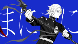 Rule 34 | 1boy, aotsuki eito, armband, belt, chinese commentary, gakuran, glasses, gloves, grey eyes, greyscale with colored background, helium-10percent, highres, holding, holding scythe, holding weapon, hole in chest, hole on body, last defense academy school uniform, looking ahead, male focus, ribbon, round eyewear, school uniform, scythe, short hair, simple background, solo, spikes, spot color, the hundred line -last defense academy-, upper body, weapon