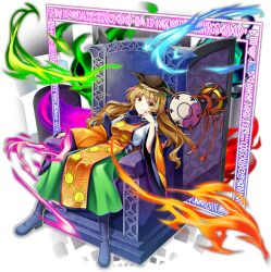 1girl black_boots blonde_hair boots breasts brown_hat closed_mouth constellation_print detached_sleeves drum energy full_body game_cg green_skirt hat highres instrument long_hair long_sleeves looking_at_viewer matara_okina official_art orange_sleeves orange_tabard rotte_(1109) shirt simple_background sitting sitting_on_throne skirt smile solo sun_print tabard third-party_source throne touhou touhou_lostword transparent_background tsuzumi very_long_hair white_shirt wide_sleeves yellow_eyes