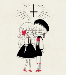 2girls belt blunt_bangs bow bowtie buttons character_request closed_eyes collared_shirt cross eleanor_(ohmyeleanor) expressionless eyelashes frilled_shirt_collar frilled_sleeves frills full_body grey_background greyscale hair_bow hat hat_ribbon high-waist_skirt kneehighs lace-trimmed_sleeves lace_trim leg_belt long_hair long_sleeves mary_janes medium_skirt monochrome multiple_girls parted_lips pocket_mirror puffy_long_sleeves puffy_sleeves red_belt red_bow red_bowtie red_brooch red_shoes ribbed_socks ribbon sailor_collar sailor_hat shirt shoes short_hair shorts simple_background skirt socks spot_color standing suspender_shorts suspender_skirt suspenders three-quarter_sleeves very_long_hair