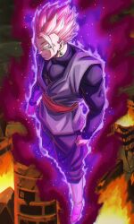 1boy battle_damage black_pants black_shirt buraku_black clenched_hands dragon_ball dragon_ball:_sparking! dragon_ball_super earrings evil_grin evil_smile fire gohan_black grin highres jewelry long_sleeves muscular muscular_male pants pink_eyebrows pink_eyes pink_hair potara_earring shirt single_earring smile solo spiked_hair super_saiyan super_saiyan_rose teeth white_footwear