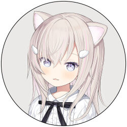 1girl animal_ear_fluff animal_ears black_bow blush bow brown_hair capriccio cat_ears center_frills collared_shirt commentary_request dress_shirt frills grey_background hair_between_eyes hair_ornament hairclip kapu_rinko long_hair looking_at_viewer multicolored_hair original parted_lips pink_hair purple_eyes round_image shirt solo streaked_hair upper_body white_background white_shirt