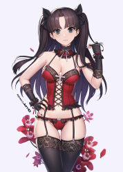 1girl black_garter_straps black_gloves black_hair black_thighhighs blue_eyes bow breasts cameltoe cleavage closed_mouth corset cross detached_collar fate/stay_night fate_(series) fingerless_gloves garter_straps gloves gluteal_fold groin hair_bow hand_on_own_hip jurrig light_frown lingerie long_hair medium_breasts nail_polish navel panties panties_over_garter_belt red_corset red_nails red_panties skindentation solo thighhighs thighs tohsaka_rin two_side_up underwear v-shaped_eyebrows very_long_hair