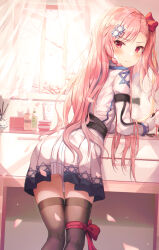 1girl absurdres armband ass asymmetrical_bangs black_thighhighs blush bow braid closed_mouth commentary_request cosmetics curtains day feet_out_of_frame from_behind girls&#039;_frontline gloves hair_bow hair_ornament haneiro hexagram highres holding holding_lipstick_tube incense indoors leg_ribbon light_frown lipstick_tube long_hair long_sleeves looking_at_viewer looking_back lotion_bottle mirror negev_(girls&#039;_frontline) open_window panties panty_peek pink_hair pleated_skirt print_skirt red_bow red_eyes red_ribbon ribbon shirt side_braid skirt solo star_(symbol) star_hair_ornament star_of_david sunlight table thigh_ribbon thighhighs tissue_box underwear vanity_table very_long_hair white_gloves white_panties white_shirt white_skirt window