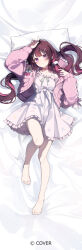 1girl arm_up azki_(hololive) barefoot bed_sheet black_hair cable_knit cardigan center-flap_bangs collar colored_inner_hair commentary_request copyright_notice cross-laced_clothes cross-laced_sleeves dress fffafa_daifuku frilled_dress frills full_body hair_ornament hand_on_own_head hand_up hololive knee_up long_hair looking_at_viewer low_twintails lying multicolored_hair off-shoulder_dress off_shoulder official_art pink_cardigan pink_collar pink_hair purple_eyes short_dress streaked_hair twintails virtual_youtuber white_dress x_hair_ornament