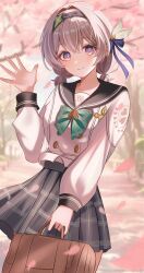 1girl absurdres alternate_hair_length alternate_hairstyle aqua_bow aqua_bowtie bag black_sailor_collar blush bow bowtie brown_bag cherry_blossoms closed_mouth commentary_request falling_petals firefly_(honkai:_star_rail) firefly_(spring_missive)_(honkai:_star_rail) grey_hair hand_up highres holding holding_bag honkai:_star_rail honkai_(series) kenomotsu_yukuwa long_sleeves looking_at_viewer low_twintails official_alternate_costume outdoors petals plaid_bow plaid_bowtie plaid_clothes plaid_skirt pleated_skirt purple_eyes sailor_collar shirt short_hair short_twintails skirt smile solo twintails waving white_shirt