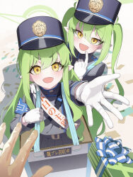 Rule 34 | 2girls, absurdres, armband, blazer, blue archive, box, fang, flower, gift, green hair, hat, highres, hikari (blue archive), in box, in container, jacket, long hair, looking at viewer, multiple girls, nozomi (blue archive), oko (shazz ocho), open mouth, pleated skirt, pointy ears, shako cap, skirt, very long hair, white flower, yellow eyes