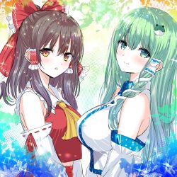 2girls ascot blush bow breasts brown_eyes brown_hair closed_mouth commentary_request detached_sleeves frilled_bow frilled_hair_tubes frills frog_hair_ornament green_eyes green_hair hair_bow hair_ornament hair_tubes hakurei_reimu highres kochiya_sanae large_breasts long_hair looking_at_viewer multiple_girls open_mouth red_bow red_skirt ribbon-trimmed_sleeves ribbon_trim single_hair_tube skirt skirt_set smile snake_hair_ornament sparkle tomo_(uguisu-tei) touhou yellow_ascot