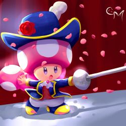 Rule 34 | 1girl, absurdres, aristocratic clothes, ascot, blue hat, cavalier hat, cookiemixtle, cosplay, eyelashes, fencing, flower, hat, hat feather, hat flower, highres, holding, holding sword, holding weapon, left-handed, mario (series), nintendo, open mouth, pants, petals, ponytail, princess peach, princess peach: showtime!, princess peach (cosplay), purple eyes, rapier, red curtains, red flower, red rose, red vest, rose, rose petals, solo, sword, swordfighter peach, toadette, vest, weapon, white ascot, white pants
