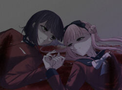 black_bow bleeding blood blood_on_clothes bow brother_and_sister eyebrows eyelashes grey_background hair_bow holding_hands long_hair looking_at_another lying on_back pink_eyes pink_hair siblings simple_background the_hundred_line_-last_defense_academy- tsukumo_ima tsukumo_kako upper_body white_bow wounds