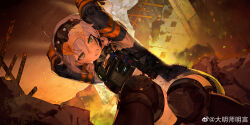 1girl absurdres assault_visor bulletproof_vest cascadia_(neural_cloud) clenched_teeth damingshimingyan fire from_below girls&#039;_frontline girls&#039;_frontline_neural_cloud green_eyes grey_hair highres knee_pads official_art rebar rubble solo sweat teeth watermark weibo_username weibo_watermark