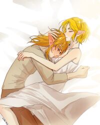 1boy 1girl bare_arms bare_shoulders bed_sheet big_egg526 blonde_hair blue_eyes blush breasts brown_pants cleavage couple dress grey_shirt hair_between_eyes hand_in_another&#039;s_hair hetero highres hug link medium_breasts medium_hair nintendo pants parted_bangs parted_lips pointy_ears princess_zelda shirt short_hair sidelocks sweat the_legend_of_zelda the_legend_of_zelda:_tears_of_the_kingdom white_dress