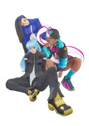 3girls black_hair blue_hair group_picture isla_(kof) kagura_chizuru kula_diamond latina_girl multiple_girls snk the_king_of_fighters the_king_of_fighters_xv